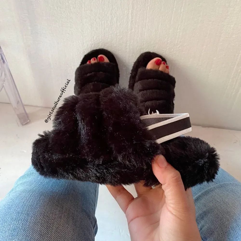 Little Girl Black Faux Fur Flat Sling